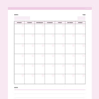 Editable Blank Monthly Calendar - Pink