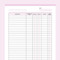 Editable Subscription Tracker Template - Pink