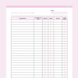 Editable Subscription Tracker Template - Pink