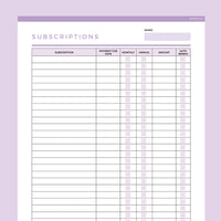 Editable Subscription Tracker Template - Purple