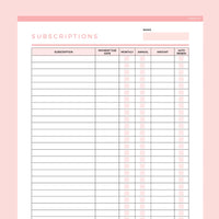 Editable Subscription Tracker Template - Red