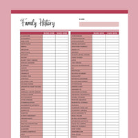 Family Medical History Template Printable - Red