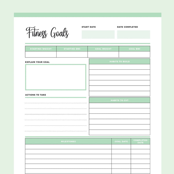 Fitness Goals Template Printable, Instant Download PDF