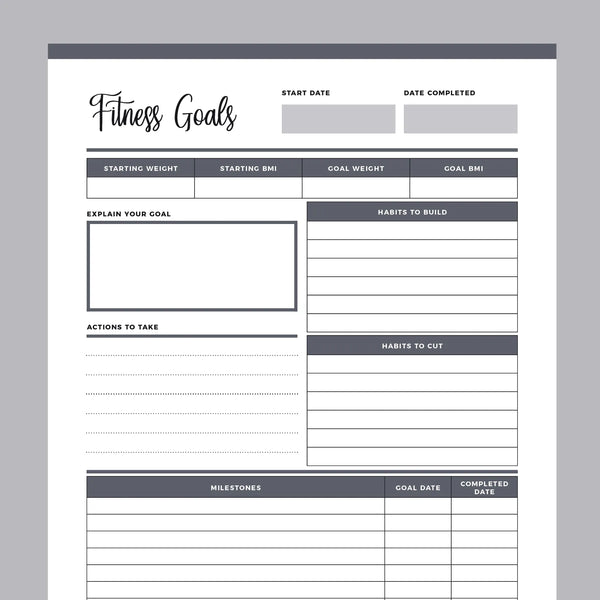 Fitness Goals Template Printable, Instant Download PDF