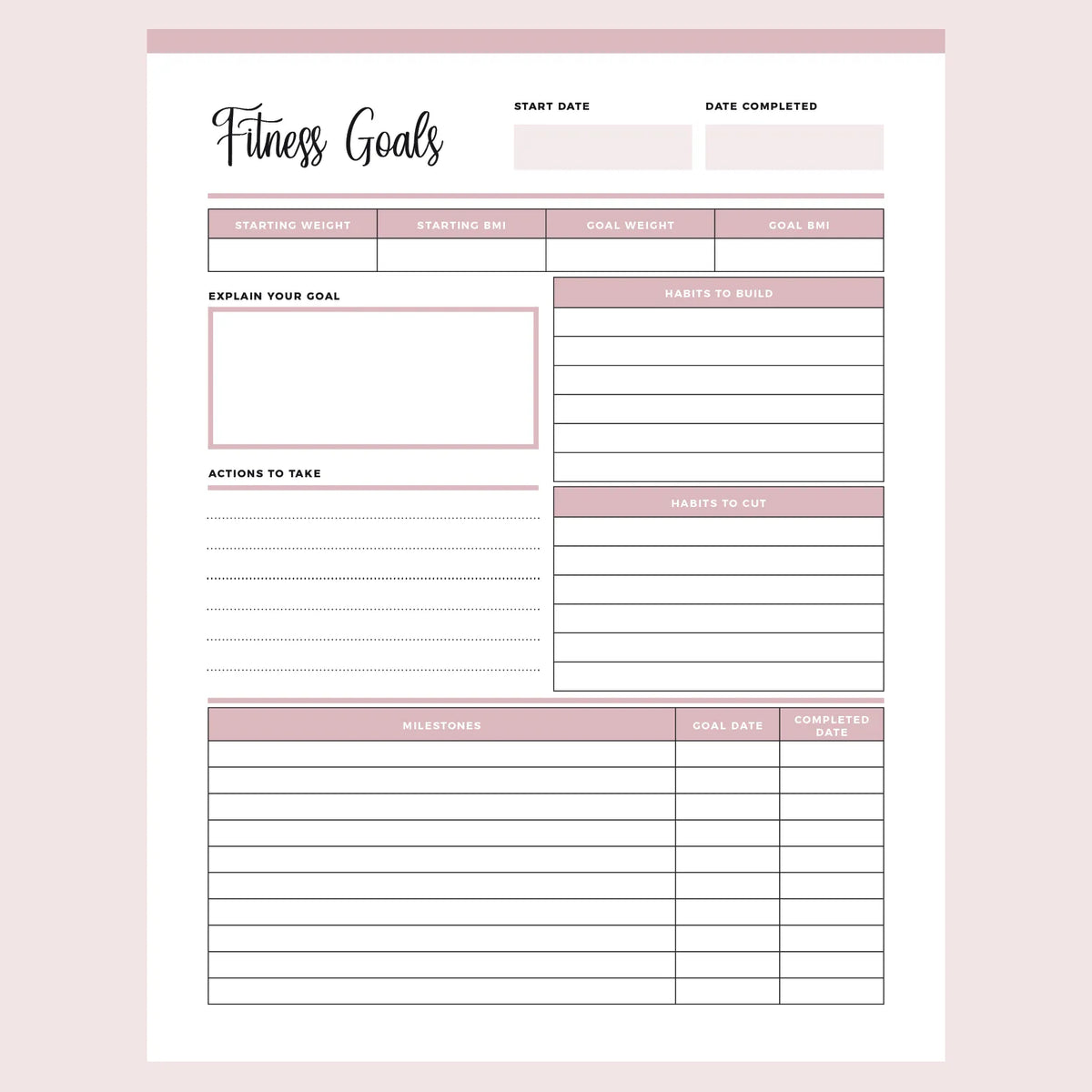 Fitness Goals Template Printable | Instant Download PDF | A4 & Letter ...