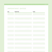 Important Dates Template Editable - Green