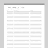 Important Dates Template Editable - Grey
