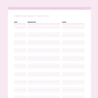 Important Dates Template Editable - Pink
