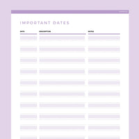 Important Dates Template Editable - Purple