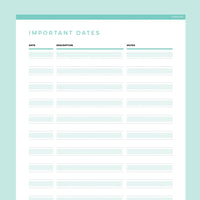 Important Dates Template Editable - Teal