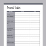 Printable Important Document Location Template - Grey