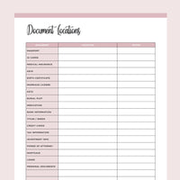 Printable Important Document Location Template - Pink