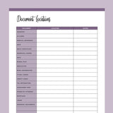 Printable Important Document Location Template - Purple