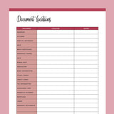 Printable Important Document Location Template - Red