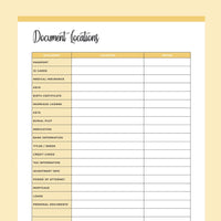 Printable Important Document Location Template - Yellow