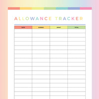 Kids Allowance Tracker Printable - Rainbow