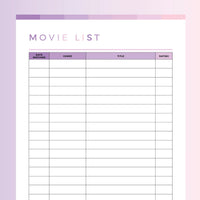 Movie Watch List For Kids Printable - Pink and Purple Rainbow