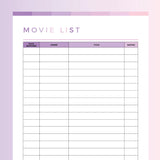Movie Watch List For Kids Printable - Pink and Purple Rainbow