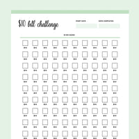 Printable 10 Dollar Bill Savings Challenge - Green