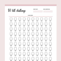 Printable 10 Dollar Bill Savings Challenge - Pink