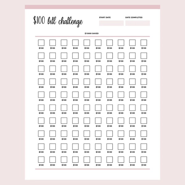 Printable 100 Dollar Bill Savings Challenge