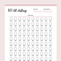 Printable 100 Dollar Bill Savings Challenge - Pink