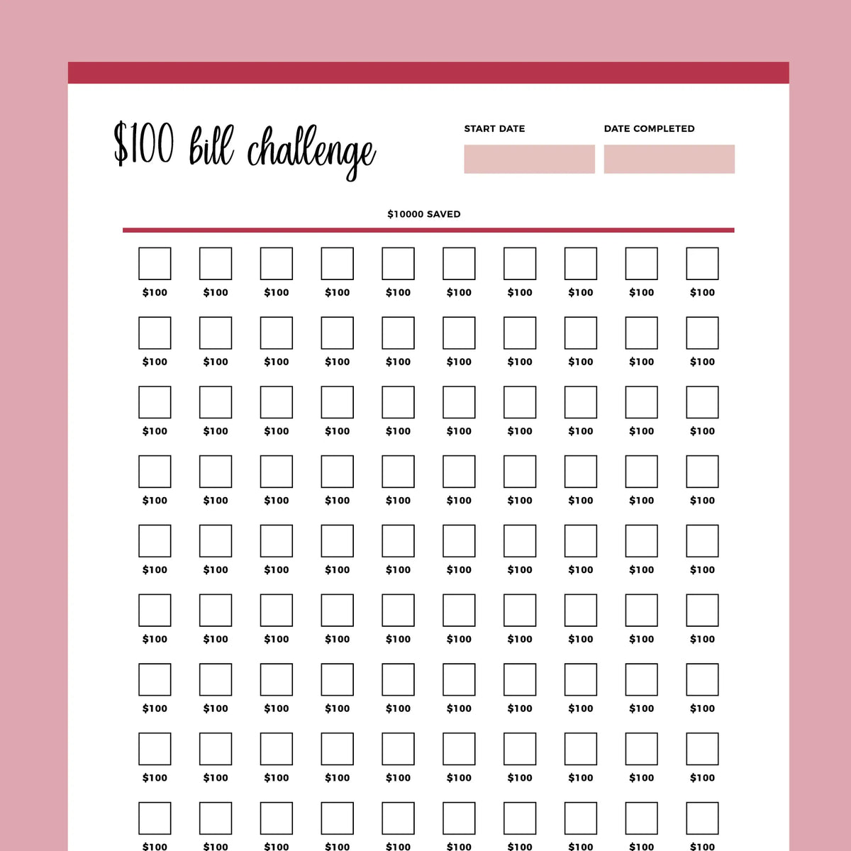 Printable 100 Dollar Bill Savings Challenge Plan Print Land Printable 100 dollar bill savings challenge plan print land