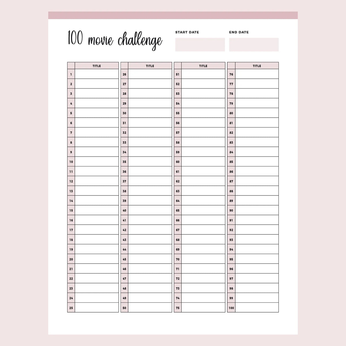 Printable 100 Movie Challenge | Instant Download PDF | A4 & US Letter ...