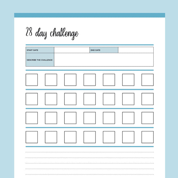Printable 4 Week 28 Day Challenge Instant Download PDF 8 Colors Plan Print Land