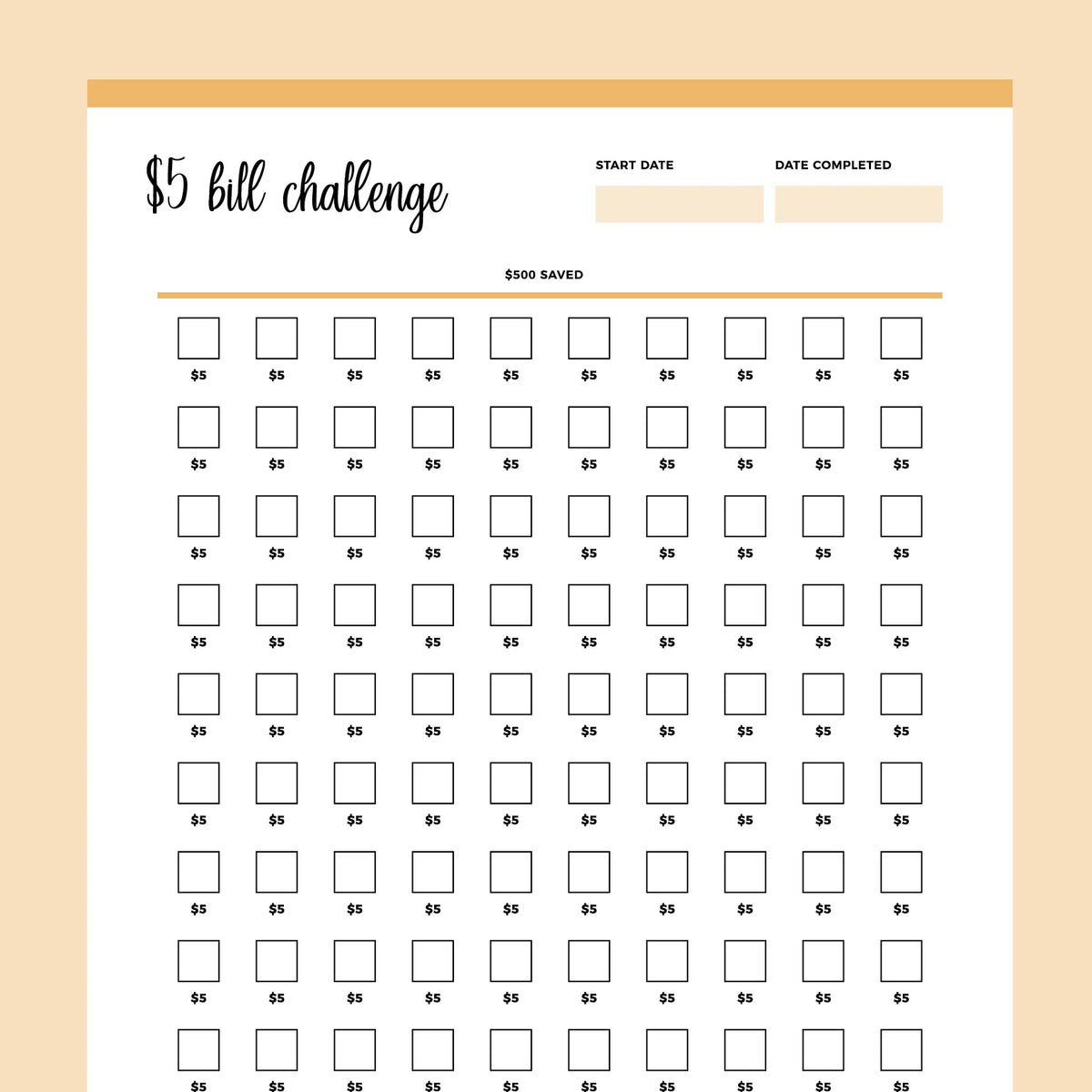 Printable 5 Dollar Bill Challenge Instant download PDF A4 US Printable 5 Dollar Bill Challenge Instant download PDF A4 US