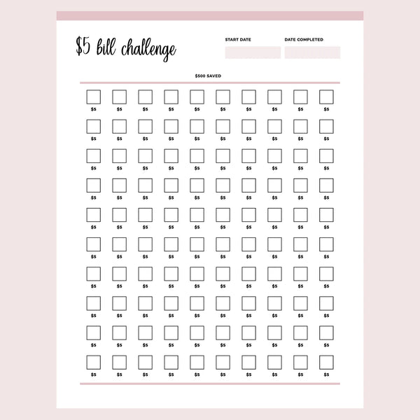 Printable 5 Dollar Bill Challenge Instant download PDF A4 US Printable 5 Dollar Bill Challenge Instant download PDF A4 US