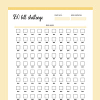 Printable 50 Dollar Bill Savings Challenge - Yellow