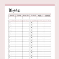 Printable 52 Week Weightloss Tracker - Pink