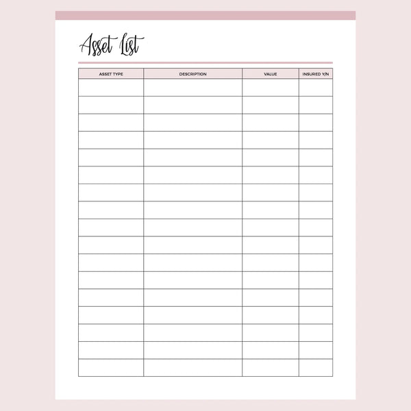 Printable Asset List Instant Download PDF A4 And US Letter Plan Printable asset list instant download pdf a4 and us letter plan