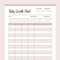 Printable Baby Growth Tracking Chart - Pink