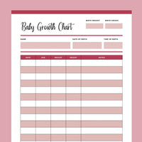 Printable Baby Growth Tracking Chart - Red