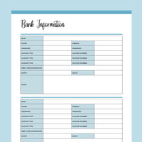 Printable Financial Account Information Templates - Blue