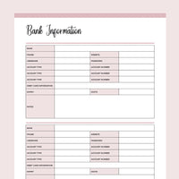 Printable Financial Account Information Templates - Pink