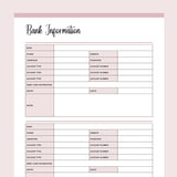 Printable Financial Account Information Templates - Pink