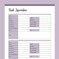 Printable Financial Account Information Templates - Purple