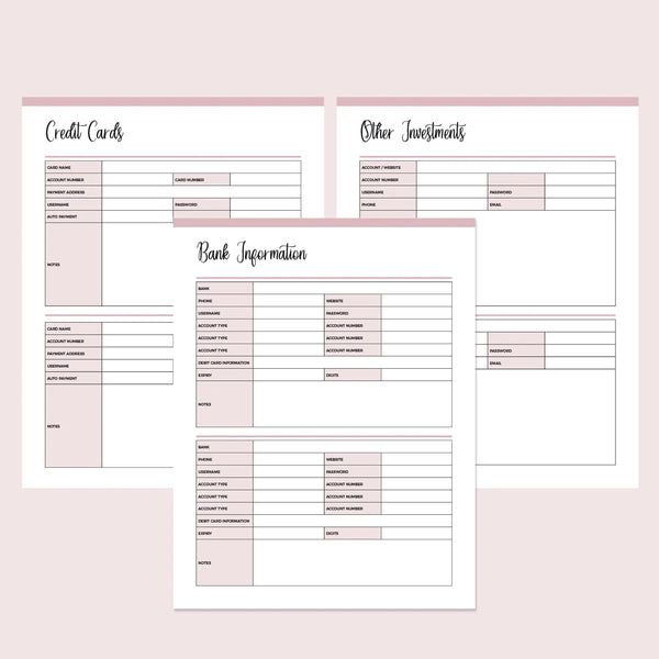 Printable Financial Account Information Templates | Instant Download ...