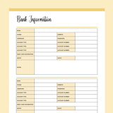 Printable Financial Account Information Templates - Yellow