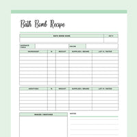 Printable Bath Bomb Recipe Sheet - Green