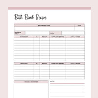 Printable Bath Bomb Recipe Sheet - Pink