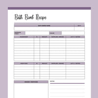 Printable Bath Bomb Recipe Sheet - Purple