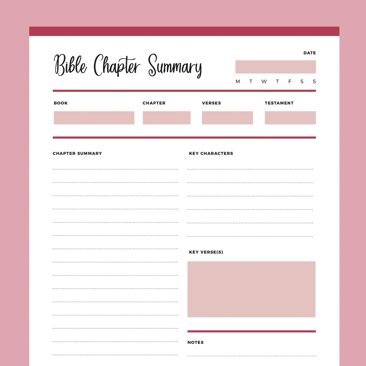 Printable Bible Chapter Summary Template Instant Download PDF Plan