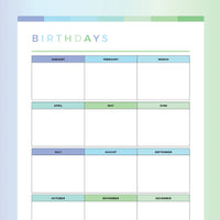 Printable Birthday Tracker For Kids - Green and Blue Rainbow