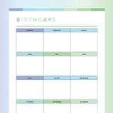 Printable Birthday Tracker For Kids - Green and Blue Rainbow