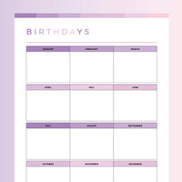 Printable Birthday Tracker For Kids - Pink and Purple Rainbow