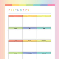 Printable Birthday Tracker For Kids - Rainbow